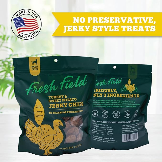 Fresh Field Turkey & Sweet Potato Jerky Chips, 14 oz – All-Natural Dog Treats, USA Made, Ideal for Allergies & Weight