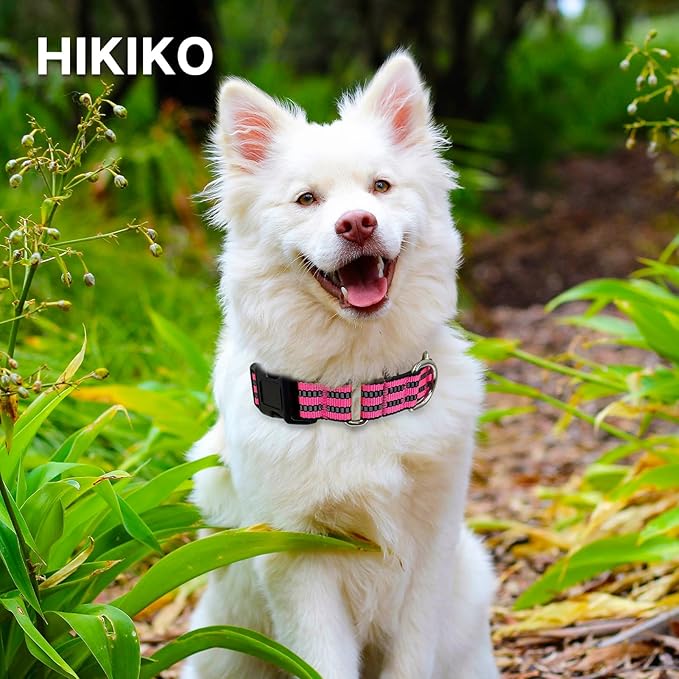 Hikiko Martingale Dog Collars Reflective Nylon Dog Collar with Quick Release Buckle Adjustable Training No Slip Dog Collar (Large, Hot Pink)