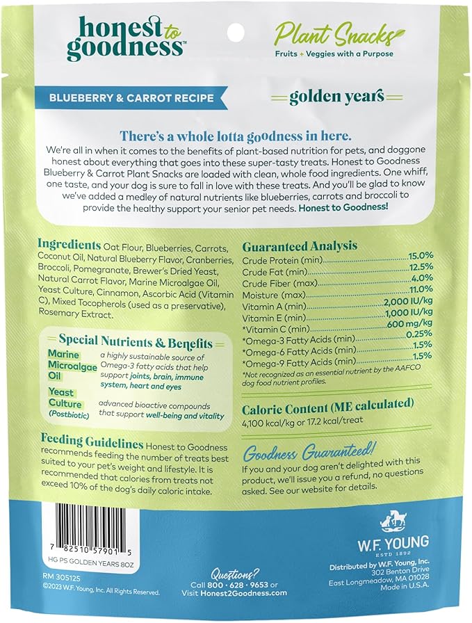 Honest to Goodness Plant Snacks Golden Years Blueberry & Carrot Recipe Dog Treats, Enriched with Omega 3s & Postbiotics, 8oz