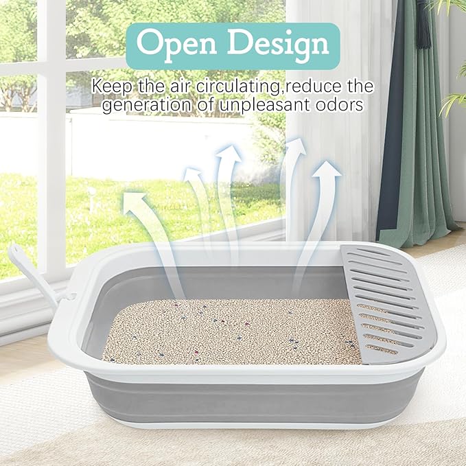 Fhiny Cat Litter Box Portable Shallow Litter Box 17.7"x13.4"x4.9" Foldable Cat Toilet with Scoop Open Kitty Potty Pan with Litter Drop Pedal Easy to Clean Travel Kitten Toilet(Gray)