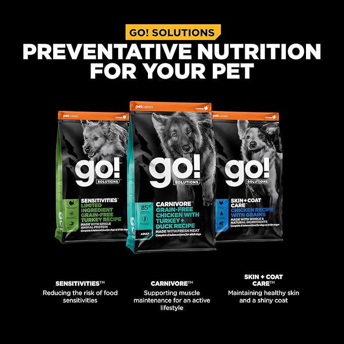Go! Solutions Carnivore, Grain-Free, Protein Rich Dry Dog Food, Chicken, Turkey and Duck Adult Recipe, 3.5 lb Bag