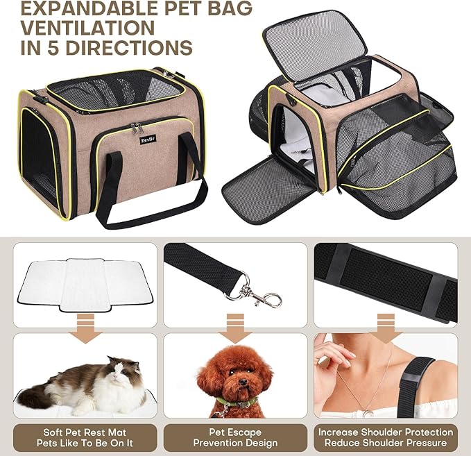 Cat Dog Carrier Bag - Expandable Soft-Sided Travel Pet Carrier with Ventilated Mesh, Fleece Pad, 18x11x11 Inch for Kitten, Rabbit, Puppy,Guinea Pig, Small Animal, Airline Approved