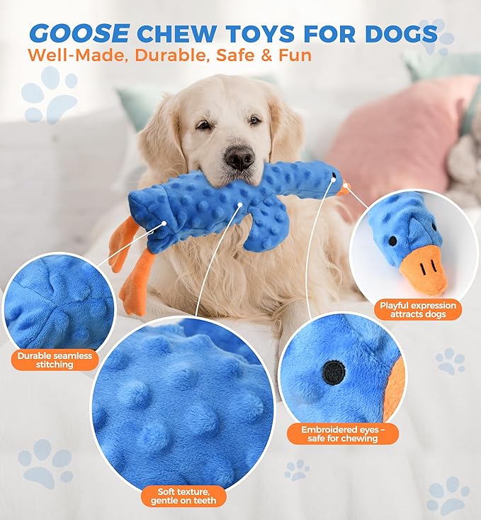 Squeaky Plush Dog Toy for All Breeds, Multifunctional Goose Dog Toy with Honking Sound, Crinkle Paper, Treat Pocket, Durable Soft Stuffed Animal for Chewing, Cuddling, Interactive Play (Blue)