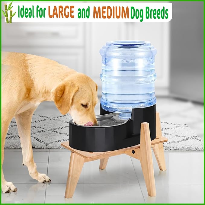Dog Water Bowl Dispenser Stand - Compatible with Automatic and Gravity Water/Food Dispensers - Adjustable Width, Holds Various Sizes [See Photos for Measurements] - Bamboo