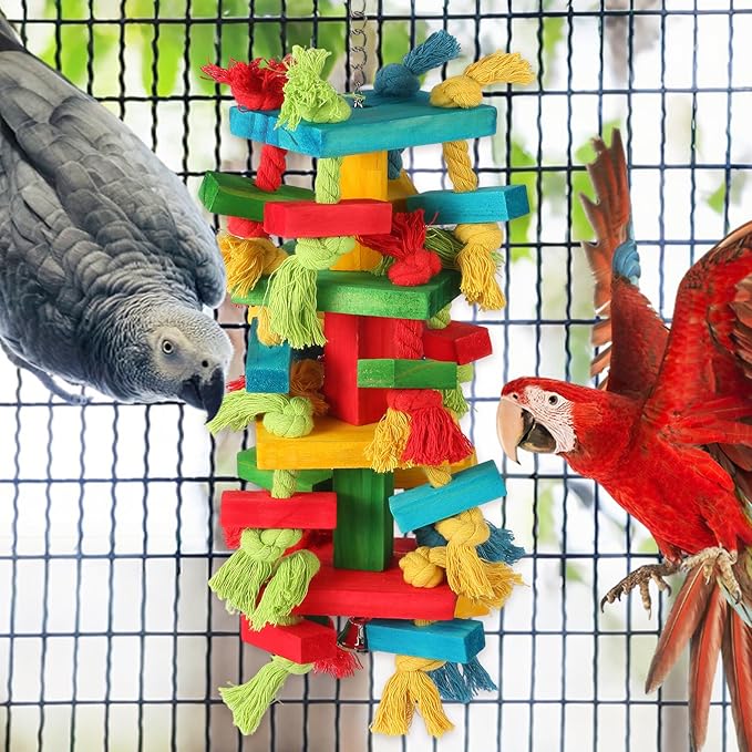 Bird Toys for Large Parrots Natural Wood Block Chewing Toy for Macaws, Cockatoos, African Greys Parrot Cage Hanging Bite Toy for Beak Exercise and Entertainment