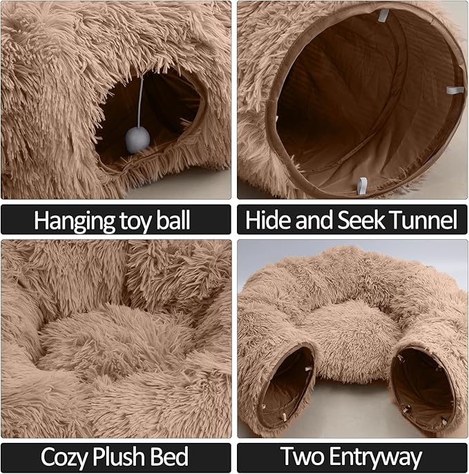 Cat Tunnel Bed for Indoor Cats - Cute Cat Donut Tunnel Toys with Washable Circle Cushion, Round Pet Peekaboo Cave Toy for Kitten/Puppy/Rabbit (Brown)