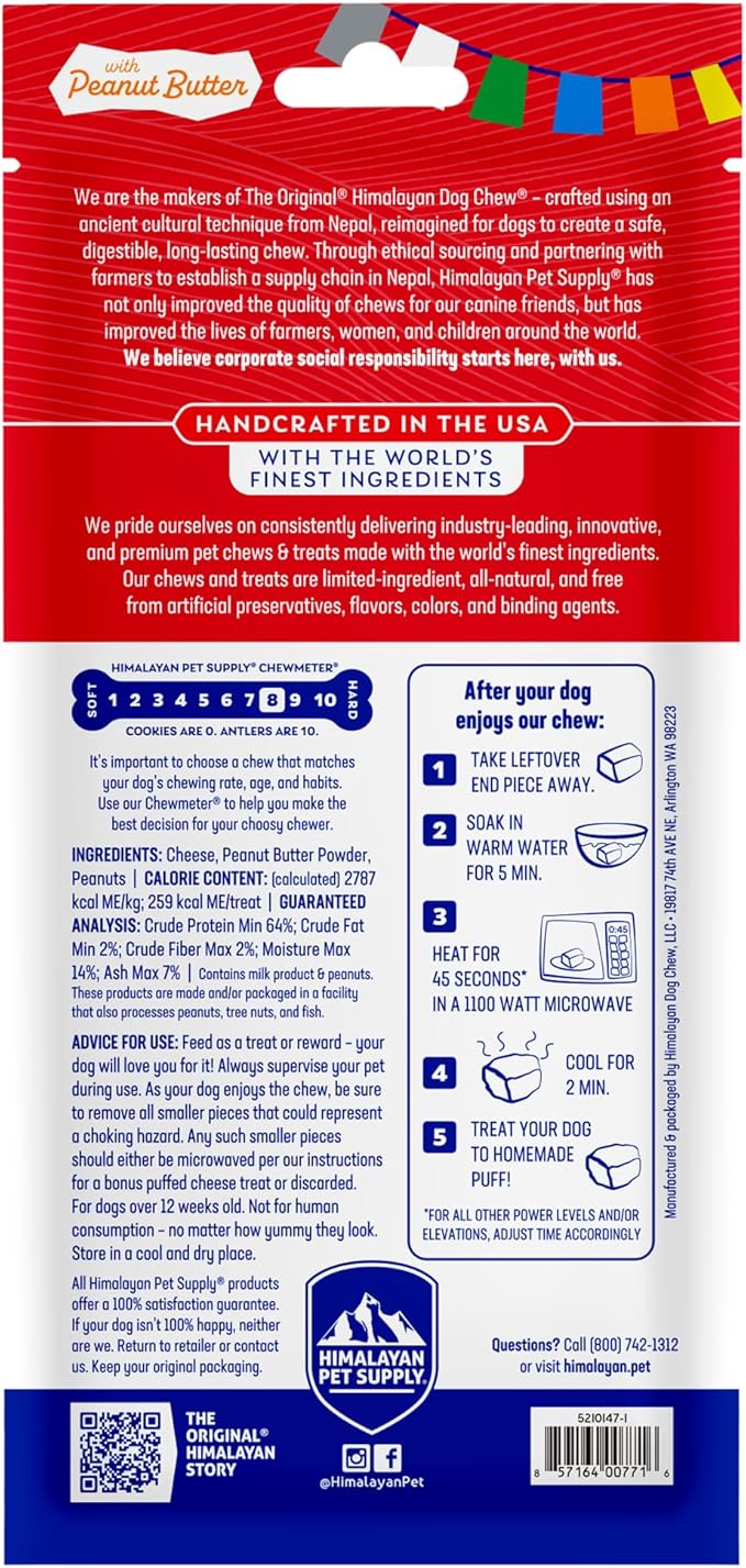 Himalayan Chew Original Yak Cheese Chew, Peanut Butter, 1 Large Stick, 3.3 oz, Gluten Free, Healthy Treats, Grain & Lactose Free 100% Natural, Long Lasting Chews for s Under 55 lbs