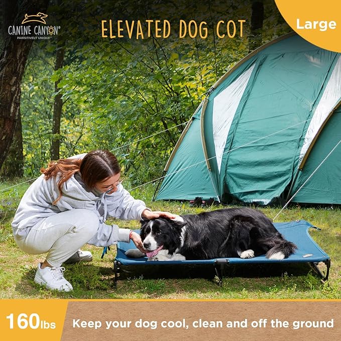 Folding Raised Dog Cot, Large Outdoor Elevated Dog Bed, Cooling Chew Proof Pet Cots Bed, Portable, Heavy Duty Up to 160 lbs, Pet Cot for Camping, Home, Dark Blue, 43"x27"x7"