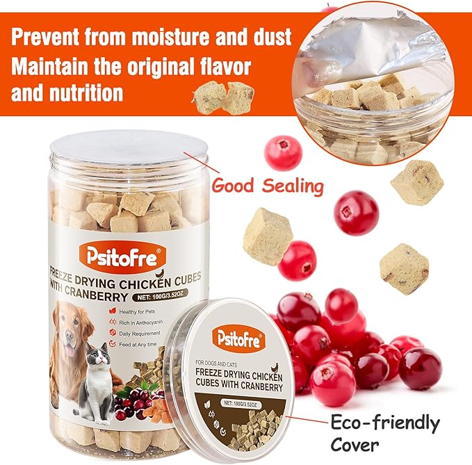 Freeze-Dried Chicken Cat Treats, Chicken Cube Snacks with Cranberry for Pets, High Protein Chickens Dog Treat Bite-Sized Pieces