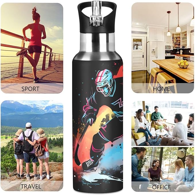 Hockey Player Water Bottle with Straw Lid Kids Insulated Stainless Steel Water Flask Sports, 20 Oz Hot Cold