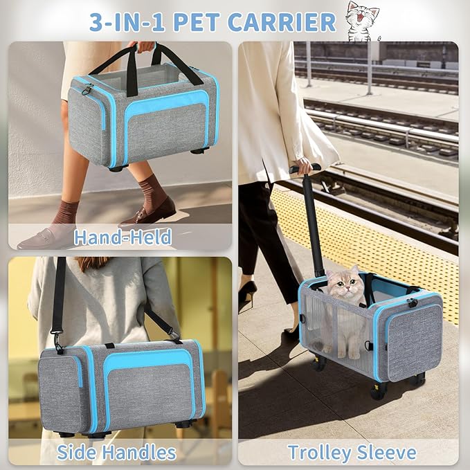 3-in-1 Upgraded Pet Carrier with Wheels, 18" x 11" x 11" TSA Airline Approved, Cat Carrier on Wheels for Small Cats Up to 15Lbs, Rolling Pet Carrier, Cat Soft-Sided Bag for Flying, Travel & Vet