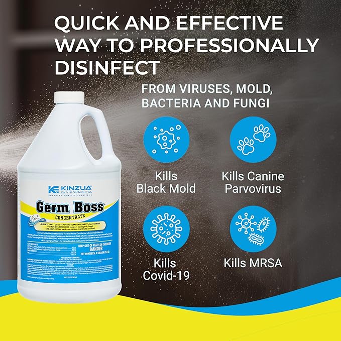 KINZUA ENVIRONMENTAL Germ Boss, Multipurpose Disinfectant Cleaner & Deodorizer, Disinfectant Liquid Concentrate with Fresh Scent for Homes, Kennels, Institutional & Industrial Strength, 1 Gal