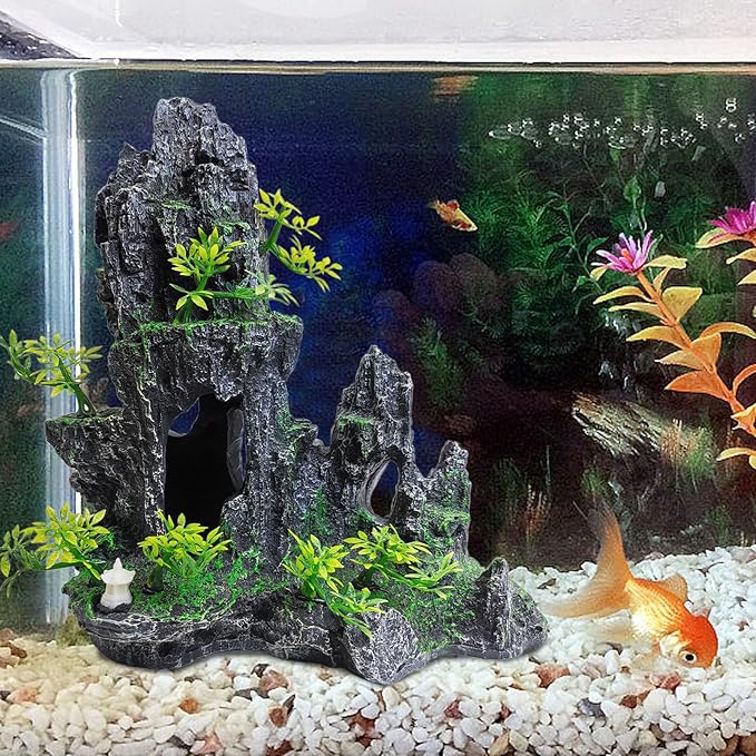 kathson Aquarium Mountain View Stone Resin Fish Tank Decoration Betta Hideout Caves Rockery Landscape Tree Aquarium Decorations Large Rock Hiding Cave Decor for Small Fish Shrimp Play Ornament