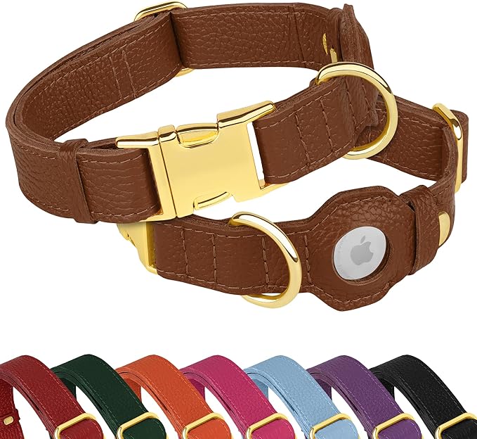 Leather Airtag Dog Collar - Soft Tracking Dog Collar with Apple AirTag Holder and Metal Buckle - Safety GPS Pet Collars for Small Medium Large Dogs Puppy Pink Red (Brown, L, 17"-21" Neck Fit)
