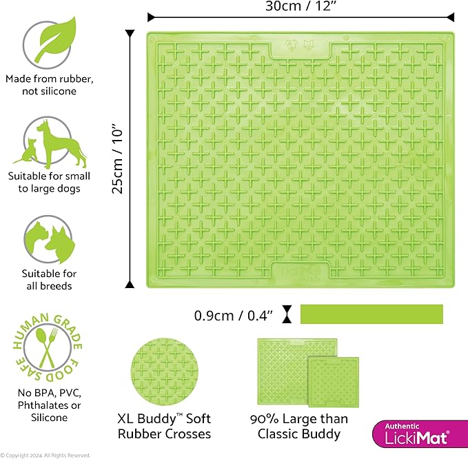 LickiMat X Large Breed Buddy Dog Lick Mat, Dog Calmer, Slow Feeder, Anxiety Reliever Alternative to Puzzle Toys, Slow Feeding Bowls. Use Peanut Butter, Wet, Raw, Mixed Food, Healthy Treats - Green