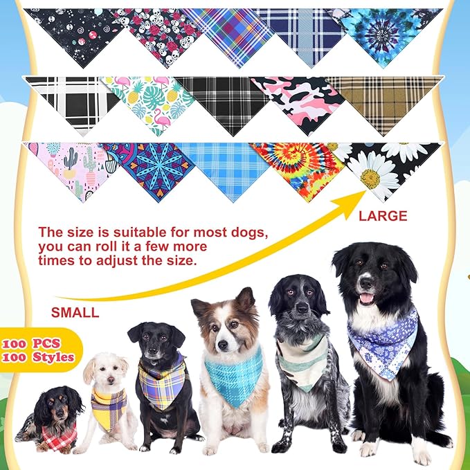 100 Pcs Dog Bandanas Bulk Pet Bibs Colorful Triangle Scarf Pet Bandanas for Medium Large Dogs Spring Summer Birthday Costume Decoration (Plaid)