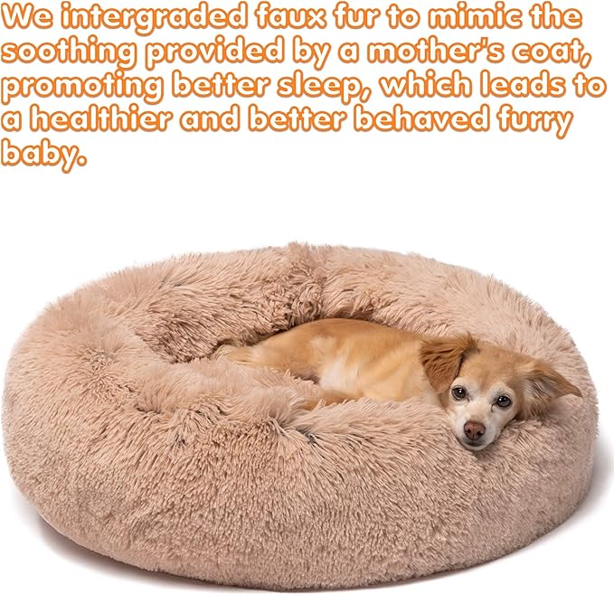Friends Forever Donut Dog Bed Faux Fur Fluffy Calming Sofa For Small Dogs, Soft & Plush Anti Anxiety Pet Couch For Dogs, Machine Washable Coco Pet Bed with Non-Slip Bottom, 23"x23"x6" Tan