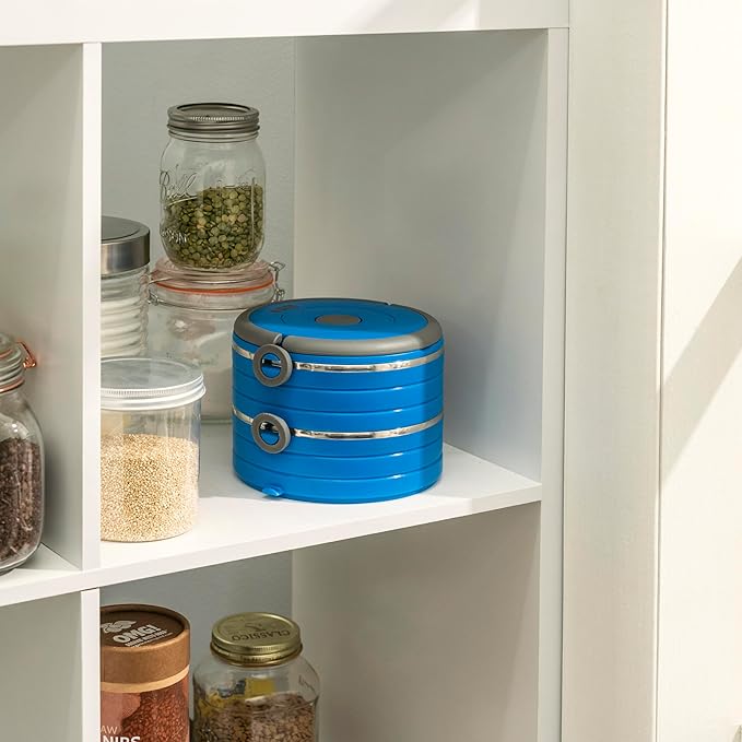 Healthy Human Travel Pet Bento Bowls - Human-Grade Stainless Steel & BPA-Free, Leak-Proof Water & Food Container Set for Dogs & Cats, 2-Pack Interlocking Bowls, Includes Spare Clips & Handle (Blue)