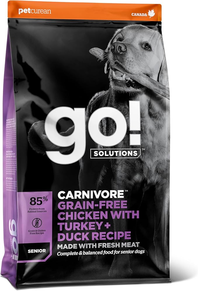 Go! Solutions Carnivore, Grain-Free, Protein Rich Dry Dog Food, Chicken, Turkey and Duck Senior Recipe, 22 lb Bag