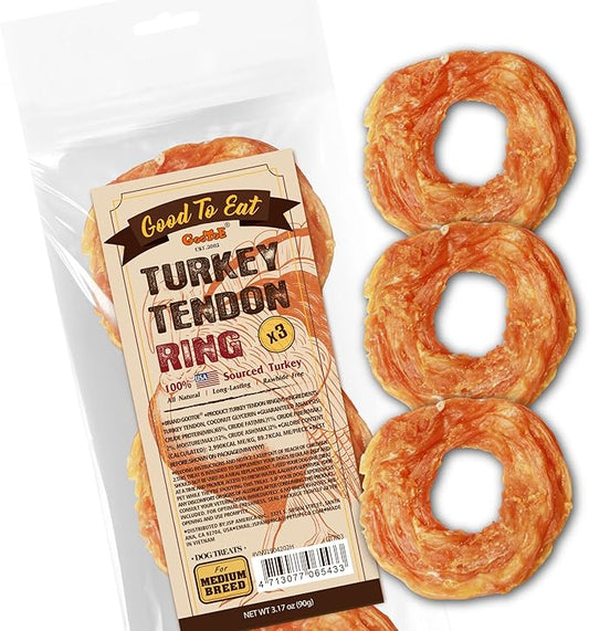 Gootoe Turkey Tendon Dog Treats, Ring (M) 3.17 oz, USA-Sourced Turkey Tendon, Natural Snack, Premium Puppy Chews, Hypoallergenic, Reseal Value Bags, Size for Medium Dogs