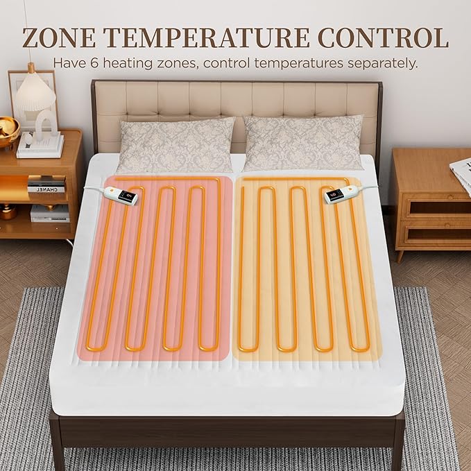 Heated Mattress Pad Queen Size-Dual Controllers Electric Mattress Pad with Deep Pocket,6 Heat Settings & 1-10 Auto Shut Off Electric Bed Warmer,ETL Certified,Machine Washable(60"x80")