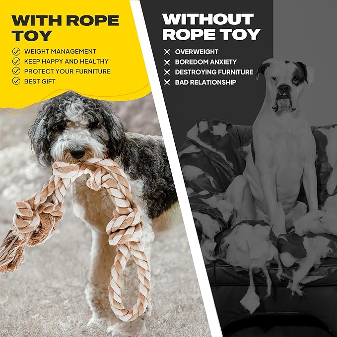 PetiFine Dog Rope Toys for Aggressive Chewers - Large, Tough Indestructible Natural Cotton Rope Toy with 3 Big Knots and a Handle for Tug of War
