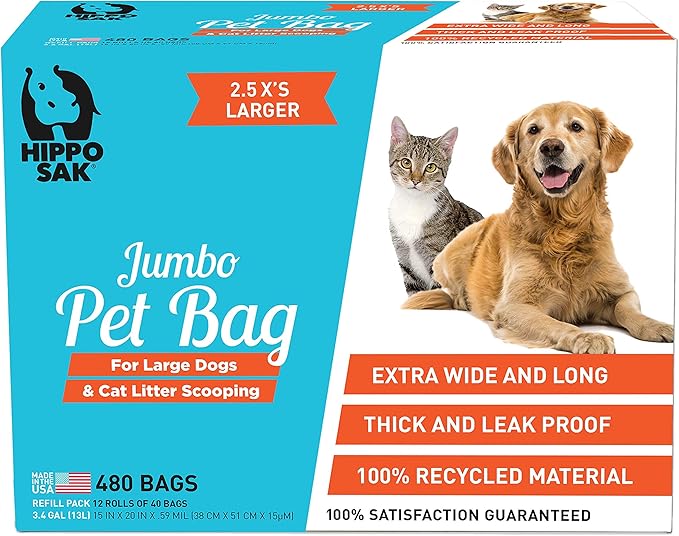 Hippo Sak® Extra Large Pet Poop Bags for Large Dogs and Cat Litter, 480 Count