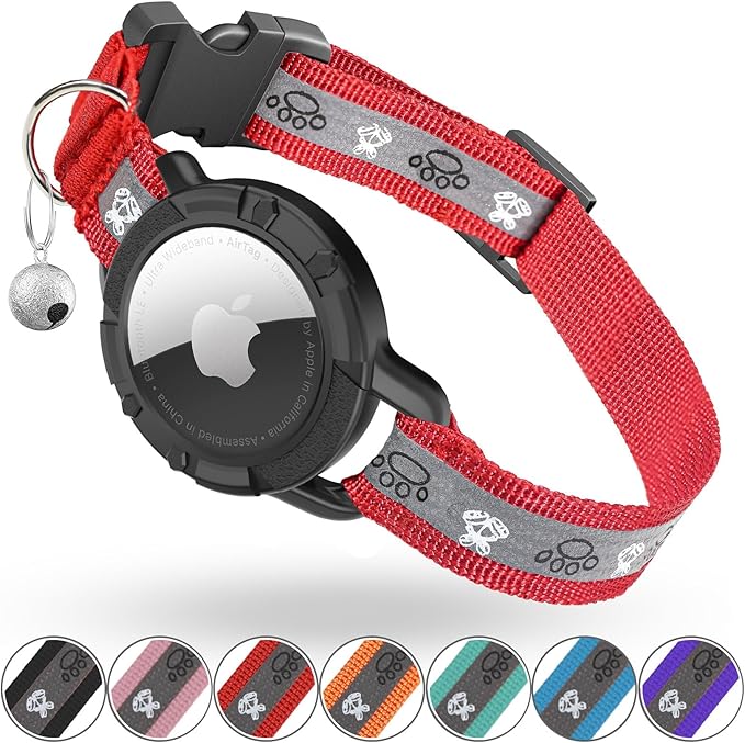 Reflective AirTag Cat Collar, Integrated Cat Tracker Collar with Air Tag Holder and Bell, Safety Elastic Band Cat GPS Collars for Girl Boy Cats, Kittens and Puppies (Red, S)