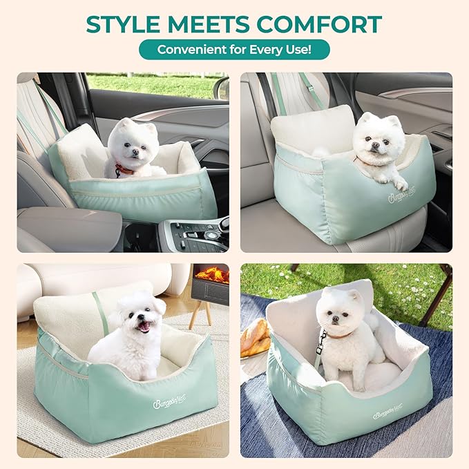 BurgeonNest Dog Car Seat for Small Dogs, Detachable and Washable Cat Carseats Under 25 lbs, Soft Pet Booster Seats with Storage Pockets and Clip-On Leash Portable Car Travel Carrier Bed, Beige Green