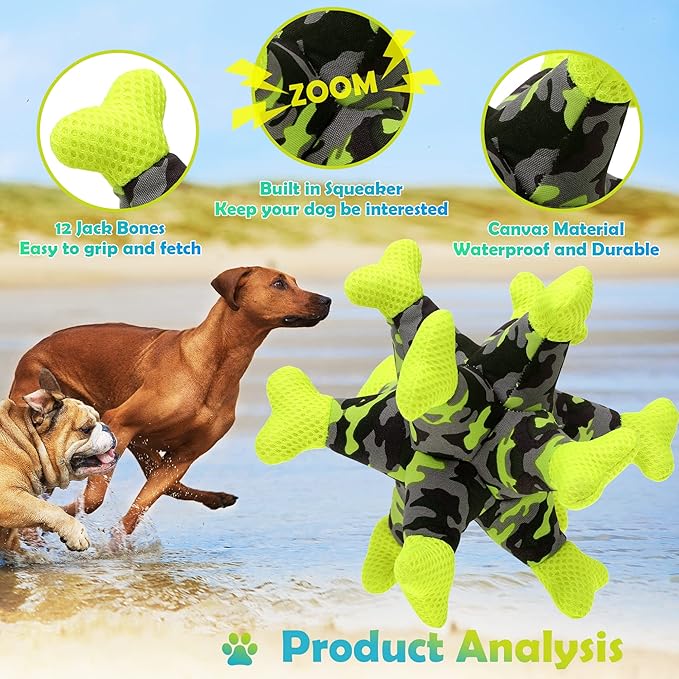 Dog Chew Squeaky Toys, Dog Teeth Cleaning Toy, Tug of War, Stuffed Jack Bone Toy with Squeakers, Interactive Toy for Small Medium Large Dogs,Green