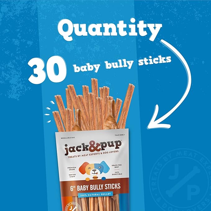 Jack&Pup 6 Inch Bladder Bully Sticks for Small Dogs (30 Pack) Single Ingredient Dog Treats, Puppy Chew Sticks