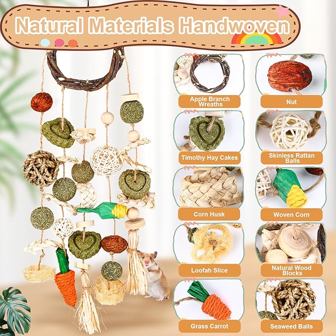 VESPRO Bunny Chew Toys, Rabbit Cage Hanging Chewing Toy and Treats Snack Ring, for Rabbits Chinchilla Guinea Pig Hamsters Grinding Teeth with Other Small Pets, Natural Materials Handwoven (5 Strings)