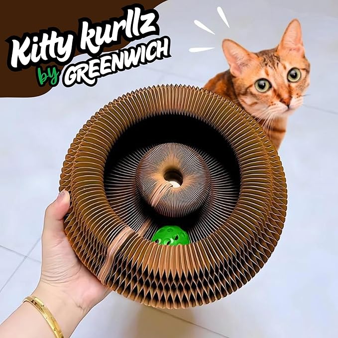 Greenwich Kitty Kurlz Reversible Infinity Cat Toy – Durable Magic Organ Made from Recycled Corrugated Cardboard | Eco-Friendly, Long-Lasting Scratcher & Cat Treat Puzzle Play Toy for Cats (Pack of 3)