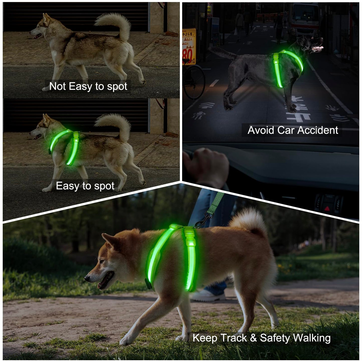 KOSKILL Light Up Dog Harness,Led Dog Harness Rechargeable,Lighted Dog Harness Glow in The Dark, LED Dog Vest Reflective,Light Up Harness for Dogs,Dog Lights for Night Walking(Green,L)