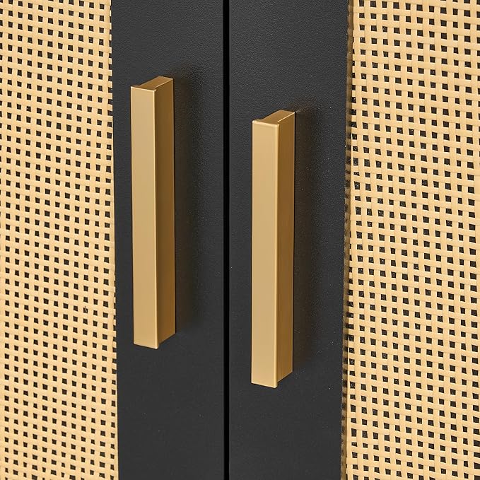 Homhedy Boho Cat Litter Box Enclosure for 2 Cats, Wooden Cat Washroom Furniture with Double Rattan Decorated Doors, Pet House,47.2”L x 19.7”W x 21.7”H, Black and Natural