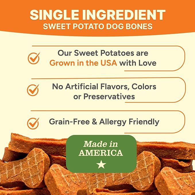 Gaines Family Farmstead Sweet Potato Dog Bones – 8 oz Bag, All-Natural, Single Ingredient, Grain-Free Dog Treats for Digestive Health, High Fiber - Training & Rewards, Made in USA