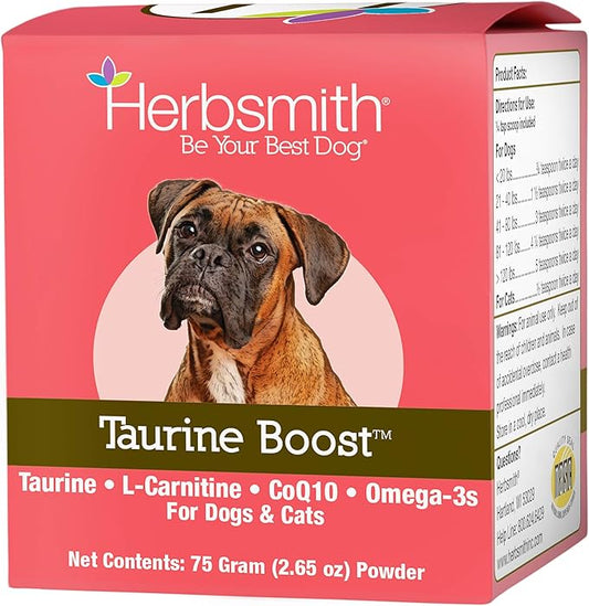 Herbsmith Taurine Boost - Cardiac and Heart Support for Dogs and Cats - Taurine Supplement for Dog and Cat Heart Health – with CoQ10, Taurine and L-Carnitine for Dogs - 75g