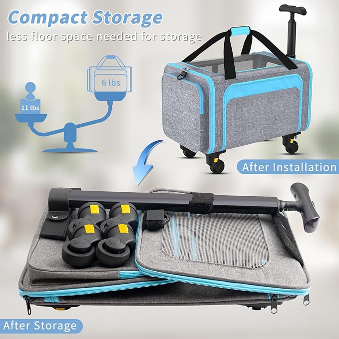 3-in-1 Upgraded Pet Carrier with Wheels, 18" x 11" x 11" TSA Airline Approved, Cat Carrier on Wheels for Small Cats Up to 15Lbs, Rolling Pet Carrier, Cat Soft-Sided Bag for Flying, Travel & Vet