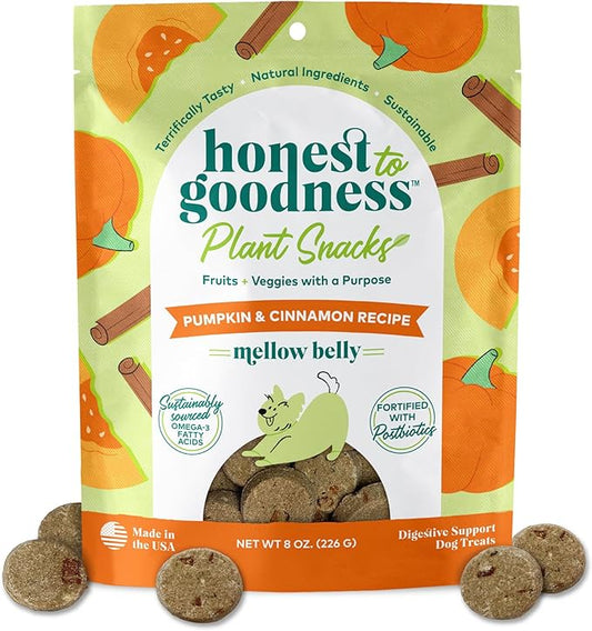 Honest to Goodness Plant Snacks Mellow Belly Pumpkin & Cinnamon Recipe Dog Treats, Enriched with Omega 3s & Postbiotics, 8oz