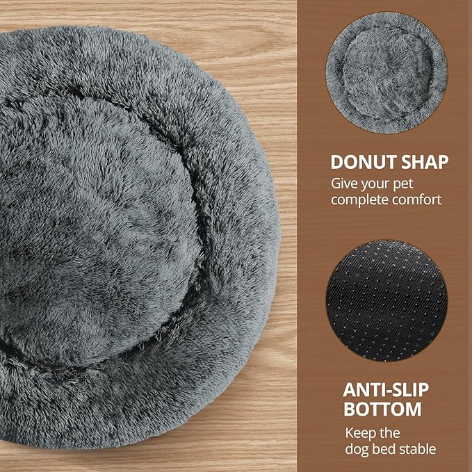 JOLLYVOGUE Calming Dog & Cat Bed for Large Dogs, Anti-Anxiety Donut Cuddler Cozy Soft Round Bed with Anti-Slip Bottom, Fluffy Faux Fur Plush Cushion Beds for Medium Dogs (36")