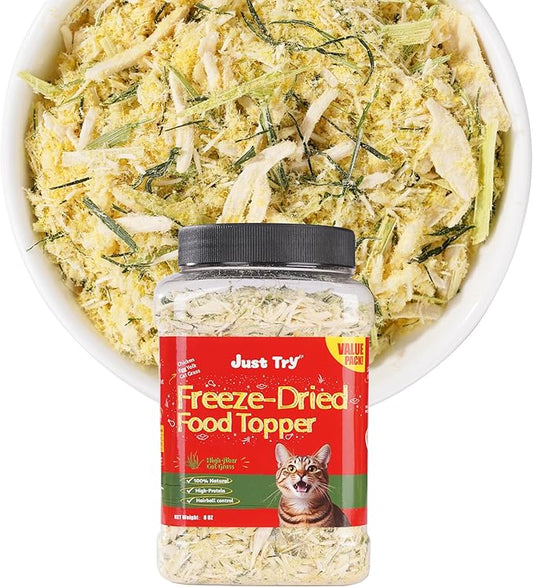 Just Try 8 oz Cat Grass Treats Freeze Dried Cat Food Toppers Mixers Hairball Control Low Calorie Real Chicken Egg Yolk Dental Care Healthy Cat Snacks Treats for Indoor Cats