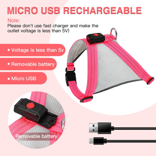 ChalkLit Light Up Dog Harness, Reflective Led Dog Harness Glow-in-The-Dark for Night Walking, USB Rechargeable Lighted Dog Safety Vest for Medium Dogs, Adjustable Soft Mesh No Pull (Pink, Medium)