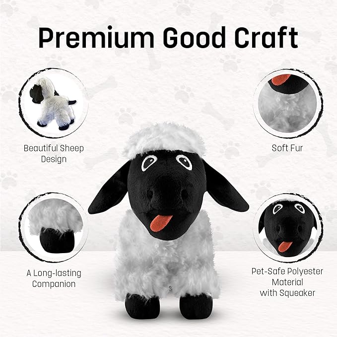 FGA Marketplace Black Sheep Plush Toy - Entertaining Plushy Lamb with 2 Squeakers, Suitable for Small to Medium-Sized Dogs - Made with Soft, Highly-Durable, & Pet-Safe Polyester Material