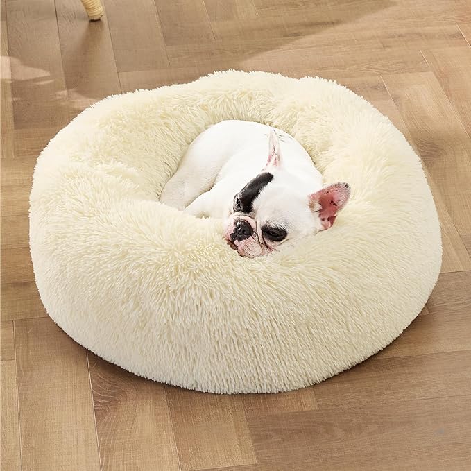 Bedsure Calming Dog Bed for Small Medium Dogs - Donut Washable Medium Pet Bed, 27 inches Anti-Slip Round Fluffy Plush Faux Fur Cat Bed, Cream