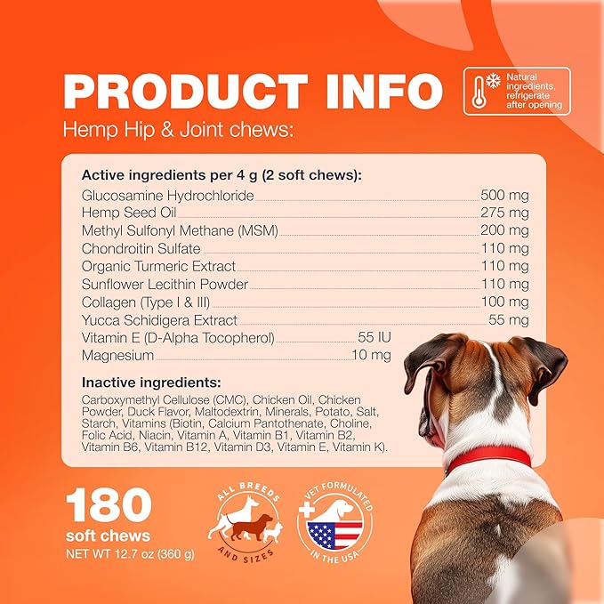 Glucosamine for Dogs - Joint Supplement for Dogs - Glucosamine Chondroitin - 180 Hip and Joint Care Mobility Chews - MSM, Turmeric - Advanced Mobility Support - Bone Health - Large and Small Breeds