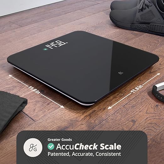 Greater Goods Digital AccuCheck Bathroom Scale for Body Weight, Capacity up to 400 lbs, Batteries Included, Black