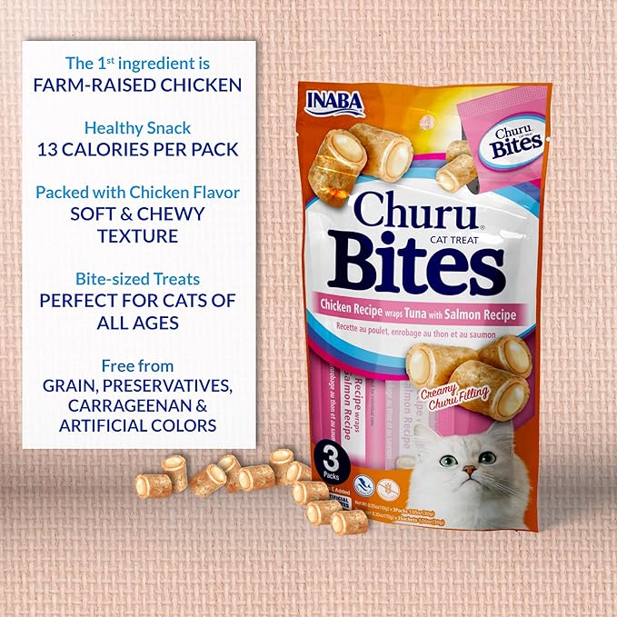 Inaba Churu Bites for Cats, Soft Baked Chicken Churu Filled Cat Treats with Vitamin E, 0.35 Ounces Each Tube, 24 Tubes Total (3 Per Pack), Tuna with Scallop Recipe