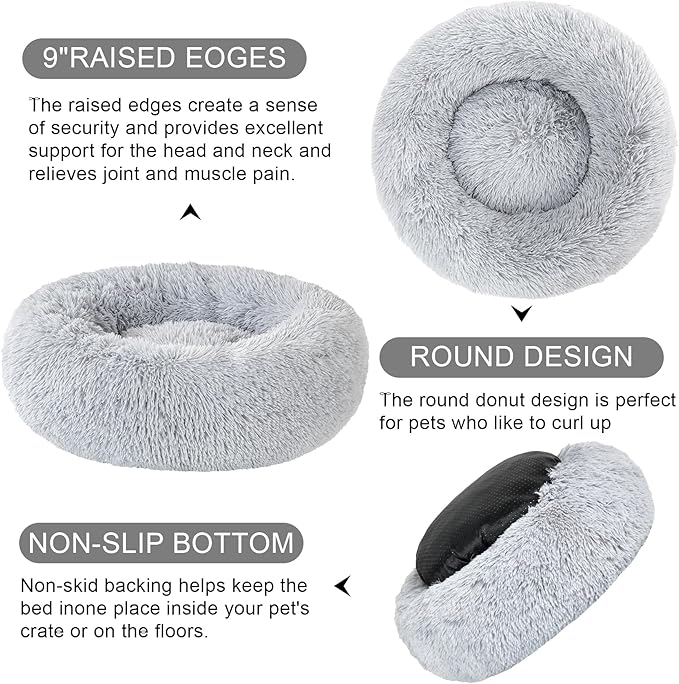 Dog Calming Beds for Small Medium Dogs - Round Donut Washable Dog Bed, Anti-Slip Faux Fur Fluffy Donut Cuddler Anxiety Cat Bed(Light Grey 28")