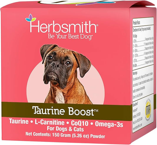 Herbsmith Taurine Boost - Cardiac and Heart Support for Dogs and Cats - Taurine Supplement for Dog and Cat Heart Health – with CoQ10, Taurine and L-Carnitine for Dogs - 150g