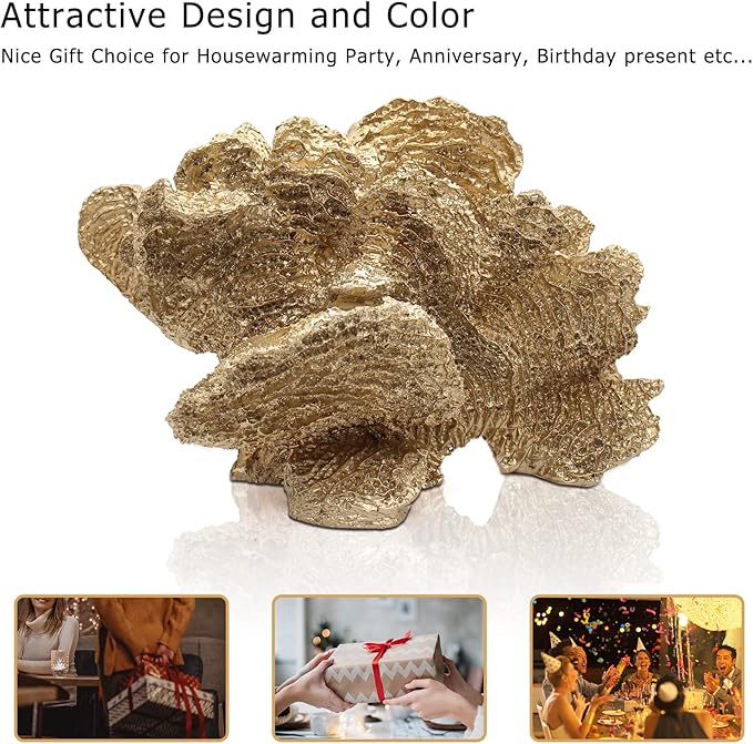 Gold Coral Statue Faux Coral Decor Resin Sea Coral Reef Statue Tabletop Decoration Coral Sculpture Home Decoration Coastal Beach Decorations for Home for Living Room